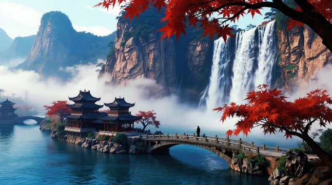 Traditional Chinese architecture rests by waterfall cliffs. A lone figure crosses stone bridge over tranquil blue water. Autumn red maple leaves frame serene mountain landscape.