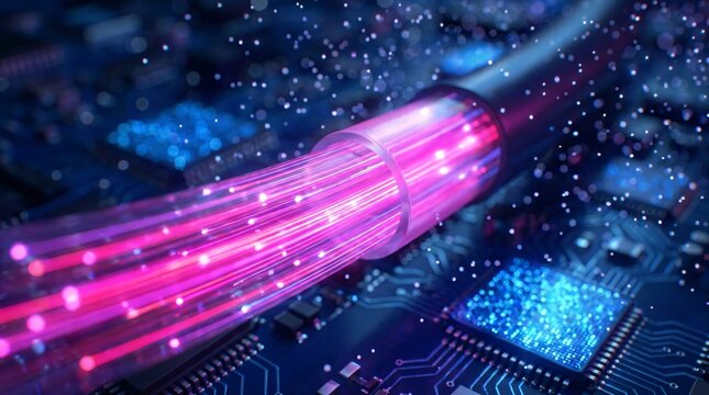 Glowing fiber optic cable transmits data at light speed, emitting brilliant neon pink light amidst sparkling particles in a tech setting.