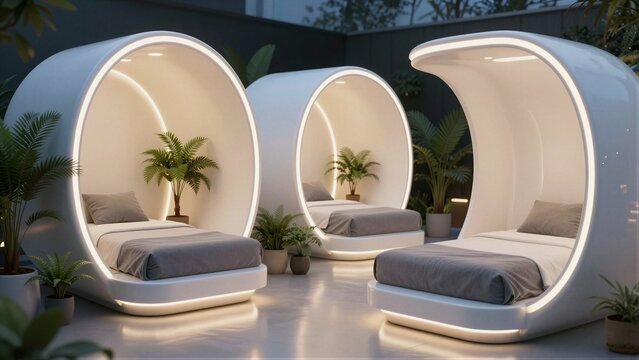 Three sleek, illuminated pod-like beds float in a modern outdoor setting surrounded by lush plants.