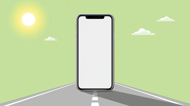 Mobile phone standing on a road with a bright sun and clouds in the background, representing concepts of travel, navigation, future direction, and personal technology use