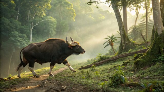 Adult male Gaur wild ox (Bos gaurus) in its natural tropical forest habitat in India.