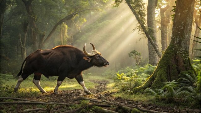 Adult male Gaur wild ox (Bos gaurus) in its natural tropical forest habitat in India.
