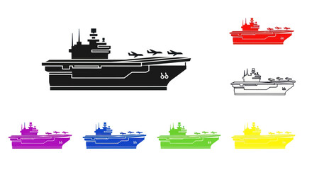 Colorful Aircraft Carrier Silhouettes with Jets, White Background © budi