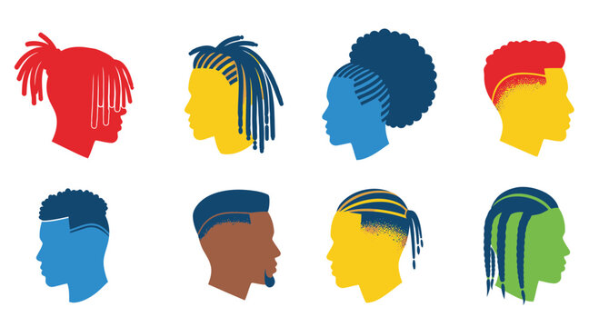 Diverse Hairstyles Silhouette Set: African American Hair, Braids, Dreadlocks, Afro