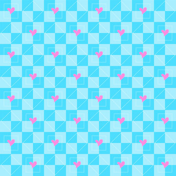 Pink heart on blue gingham pattern