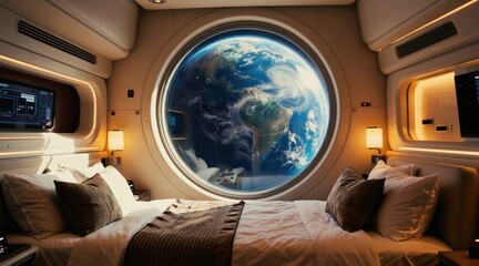 Obraz premium Futuristic spaceship cabin interior view with Earth seen through large round window. Comfortable bed, modern tech panel and ambient lighting create cozy hotel like atmosphere for space travel.