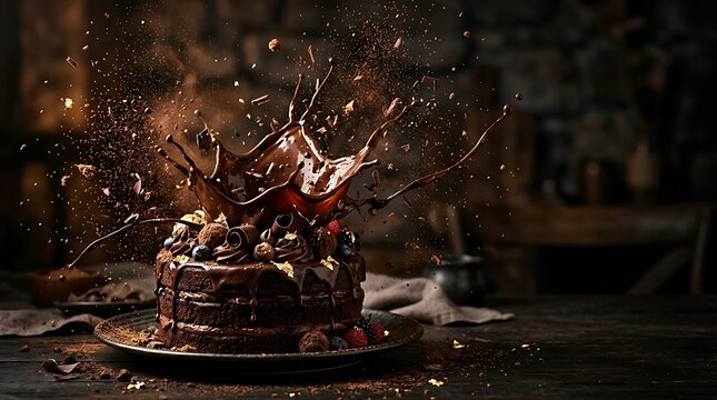 Decadent chocolate cake with a dramatic cocoa powder and liquid splash, creating an artistic explosion of rich flavor and confectionery delight on a rustic background