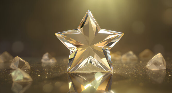 A stunning, clear, faceted star-shaped diamond is prominently displayed on a reflective golden surface, surrounded by smaller diamonds and bokeh lights.