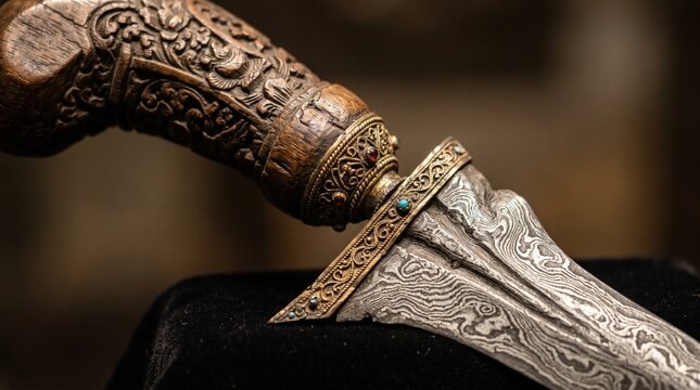 Detailed macro view of Indonesian keris craftsmanship featuring ornate carving and realistic metal texture for cultural and heritage content.