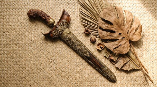 Traditional keris dagger arranged in elegant flat lay composition with natural textures. Perfect for tourism, culture, museum, and editorial use.