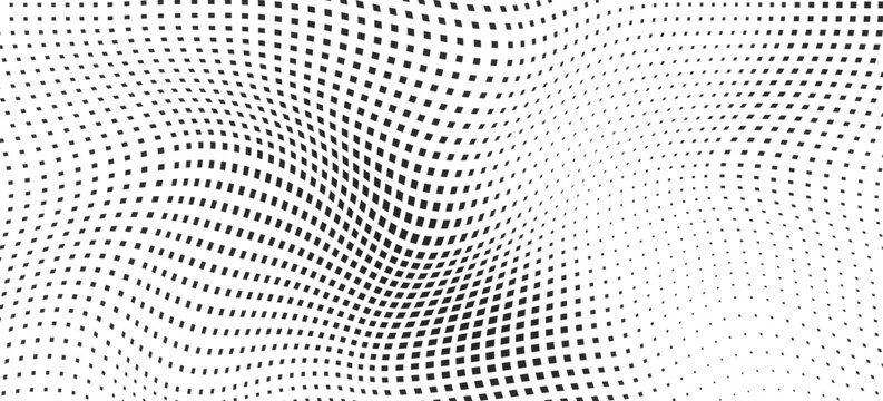 Halftone gradient texture background. Faded checkered gradation wallpaper. Black and white squared pixels. Abstract vanishing comic pop art backdrop. Vector repeating check raster effect overlay
