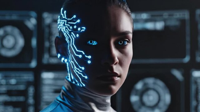 Woman with illuminated circuit pattern on face representing technology