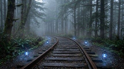 Fototapeta premium Mystical foggy railway tracks curve into a dense pine forest, surrounded by atmospheric morning mist and small glowing blue lantern lights.