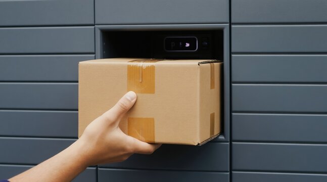 Person retrieves package from automated parcel locker. Urban delivery terminal provides secure, fast, convenient pickup for online orders. Smart logistics system manages shipments.