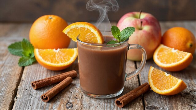 A steaming cup of traditional Mexican ponche surrounded by oranges, apples, and cinnamon sticks on a rustic wooden table.