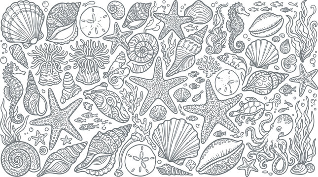 Seashells and marine life pattern black and white vector illustration