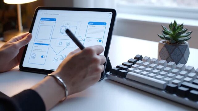 Woman Hand Using Digital Tablet with Stylus Pen Creating Wireframe Layout on Desk with Keyboard and Plant Near Window Light
