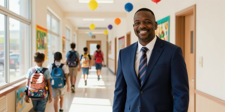 School superintendent smiles in hallway. Children with backpacks walk past. Sunny day, start of new school year. Education leader, principal, administrator.
