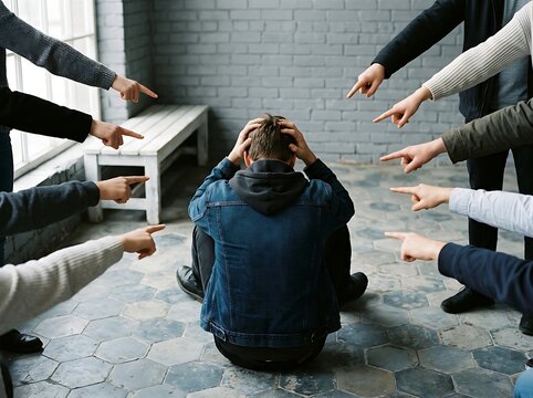Person sitting alone, feeling stressed and accused by many pointing fingers