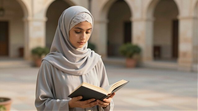 A serene Asian Muslim woman wearing a light gray hijab reads the Quran in an outdoor courtyard with arches.