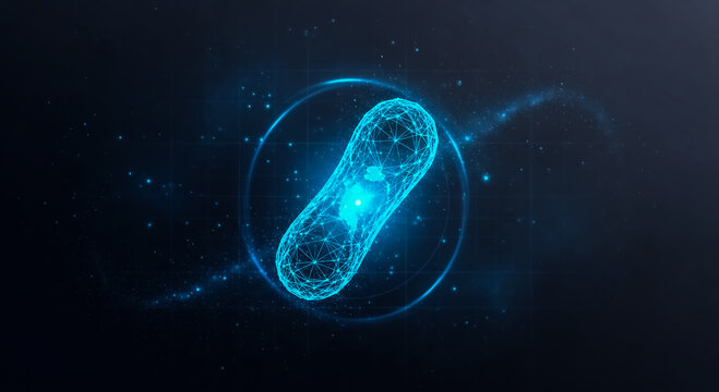 A detailed, glowing microorganism or cell rendered in 3D under a microscope with a dark background.