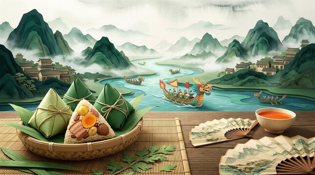 Dragon Boat Festival Celebrations with Zongzi and Dragon Boat Racing