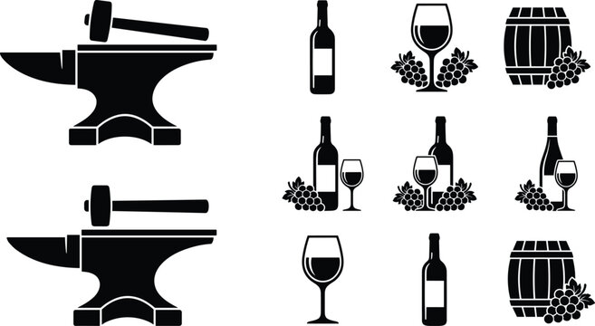 Black vector silhouettes of blacksmith anvil with hammer and winery icons featuring wine bottles glasses grapes and barrels isolated on white background