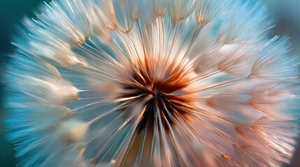 Fototapeta premium Close-up of a fluffy dandelion seed head with glowing warm and cool tones