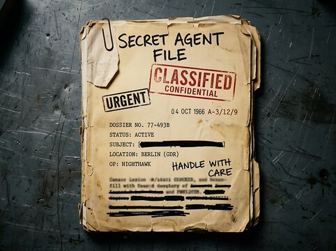 Vintage classified secret agent file with urgent and confidential stamps