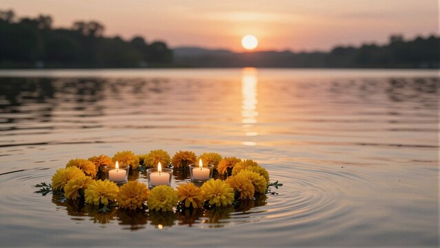A serene arrangement of marigold flowers and lit candles floats on a calm river at sunset, with soft focus background.