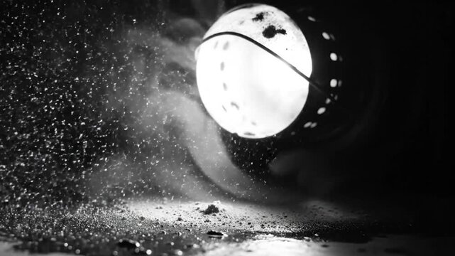 Black and white close up of a glowing lantern releasing misty vapor with particles on a dark surface