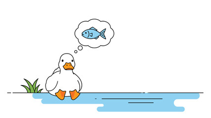 Obraz premium Small white duckling sits by a blue pond and daydreaming about catching a fish in this cute and simple vector style illustration.