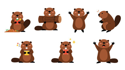Fototapeta premium Series of cute brown beaver characters shown in different poses such as holding a log, eating an apple, and cheering with excitement.