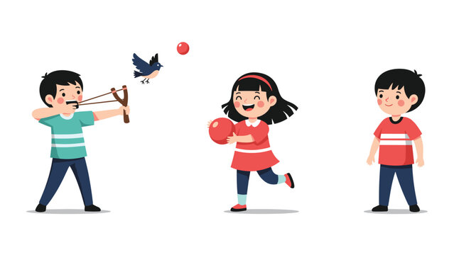 Playful children enjoying outdoor activities together including a boy with a slingshot and a girl running with a large red ball.