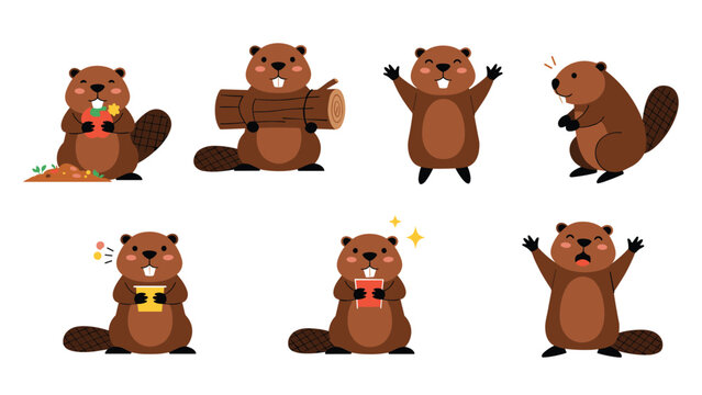 Series of cute brown beaver characters shown in different poses such as holding a log, eating an apple, and cheering with excitement.