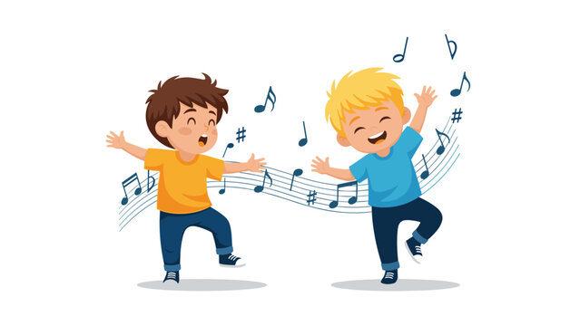 Two happy young boys dance and sing together with musical notes and a staff swirling around them in a joyful and energetic scene.
