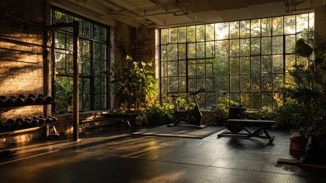 Industrial gym with plants, large windows, and natural light