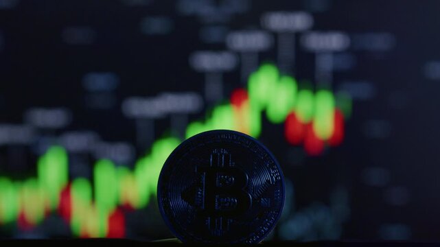 Close-up: physical Bitcoin coin, blurred cryptocurrency exchange chart, showing green and red candlesticks. Golden BTC logo. Trading, blockchain and investment concept.