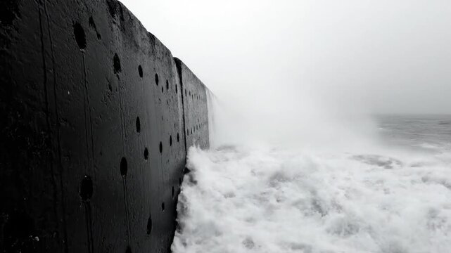 Black and white view of a ship's hull with waves crashing against it during a storm at sea