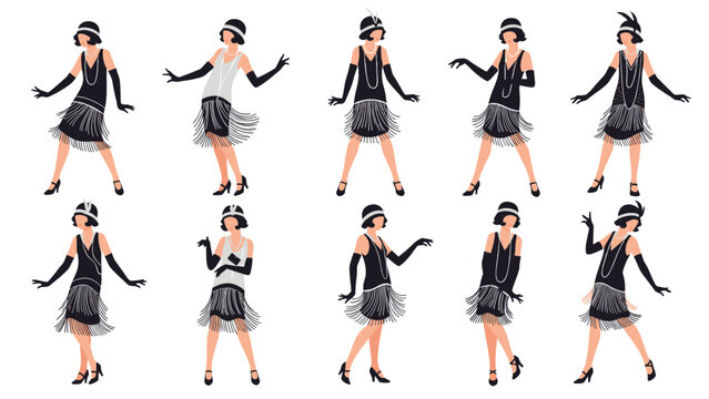 Silhouettes of elegant women wearing traditional 1920s flapper dresses and headbands performing various jazz era dance movements.