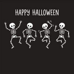 Dancing skeletons illustration with happy halloween text on black background