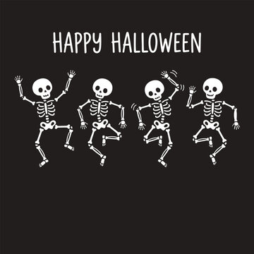 Dancing skeletons illustration with happy halloween text on black background