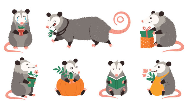 Assortment of cute opossum characters engaged in different activities like reading a book, crying, and holding various seasonal items.