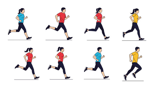 Sequence of male and female athletes in various colored tops running at high speed on a track to demonstrate motion and exercise.