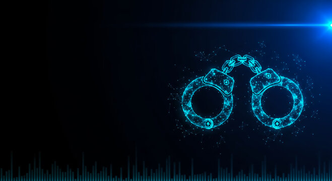 Futuristic handcuffs made of digital particles on a dark backdrop with blue neon light and a sound wave at the bottom.
