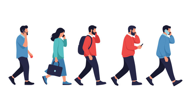 Silhouettes of diverse people walking in a row while being preoccupied with their smartphones in a modern lifestyle illustration.