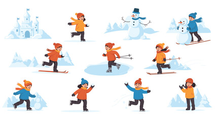 Fototapeta premium Joyful winter scene showing children ice skating, skiing, building snowmen, and playing in a snowy mountain park.