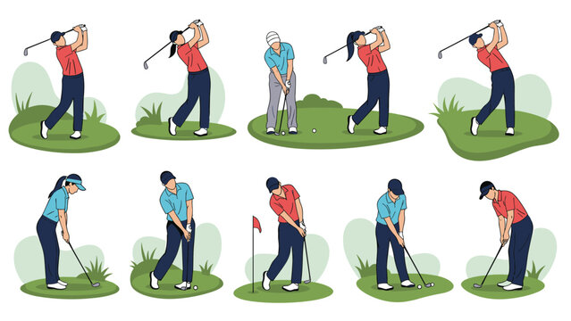 Detailed set of male and female golf players in different stages of a golf swing on a scenic green course landscape.