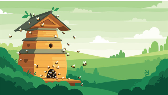Multi-layered wooden beehive surrounded by a swarm of bees in a beautiful green rolling hills landscape under a soft sky.