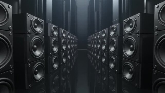 Abstract Wall of Black Speakers Moving in Cinematic 3D Animation